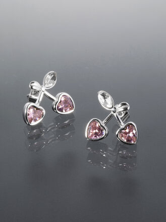 Náušnice z chirurgické oceli třešně se srdíčky a růžovými krystalky