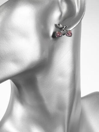 Náušnice z chirurgické oceli třešně se srdíčky a růžovými krystalky