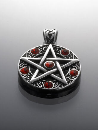 Přívěsek z chirurgické oceli pentagram, stříbrná ocel s červenými kamínky