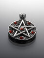 Přívěsek z chirurgické oceli pentagram, stříbrná ocel s červenými kamínky