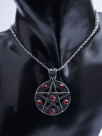 Přívěsek z chirurgické oceli pentagram, stříbrná ocel s červenými kamínky