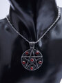 Přívěsek z chirurgické oceli pentagram, stříbrná ocel s červenými kamínky