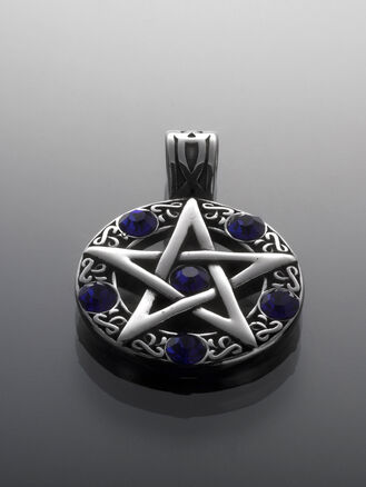 Přívěsek z chirurgické oceli pentagram, stříbrná ocel s modrými kamínky