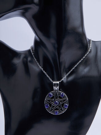 Přívěsek z chirurgické oceli pentagram, stříbrná ocel s modrými kamínky