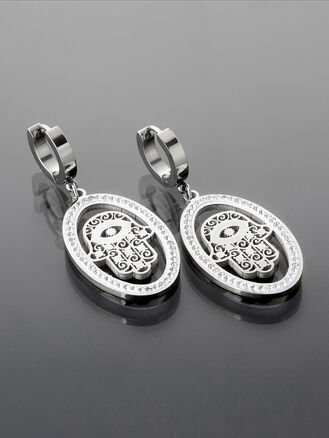 Elegantní  oválné náušnice s rukou Fátimy z chirurgické oceli s krystalky 