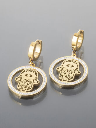 Elegantní kruhové náušnice s motivem ruky Fátimy z chirurgické oceli s krystalky