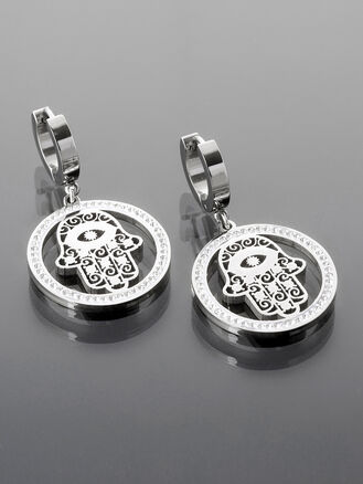 Elegantní kruhové náušnice s motivem ruky Fátimy z chirurgické oceli s krystalky