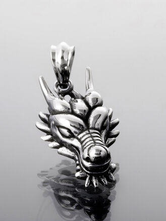 Přívěsek hlava draka z leštěné chirurgické oceli, stříbrná barva kovu