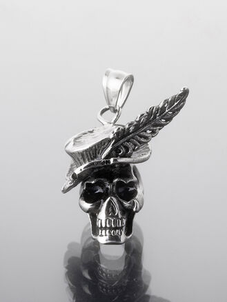 Přívěsek lebka z chirurgické oceli, stříbrná barva kovu, klobouk