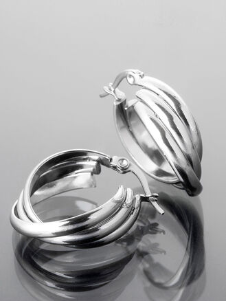 Tříproudé kruhové náušnice z leštěné chirurgické oceli, Ø cca 2 cm
