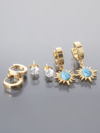 Sada náušnic z leštěné chirurgické oceli, kroužky a pecky, zlatá barva kovu