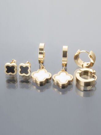 Sada náušnic z leštěné chirurgické oceli, kroužky a pecky, zlatá barva kovu