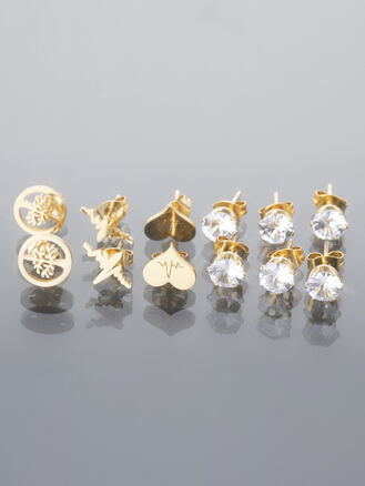 Šest párů náušnic z leštěné chirurgické oceli ve dvou barvách kovu