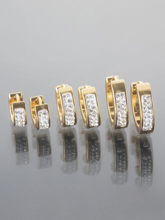 Sada náušnic z leštěné chirurgické oceli, kroužky s krystalky ve dvou řadách, různé velikosti