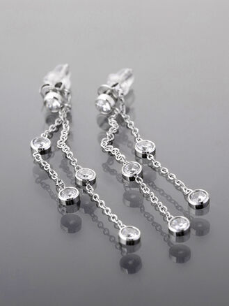 Jemné náušnice z leštěné chirurgické oceli, řetízky s drobnými krystalky, zlatá, nebo stříbrná barva