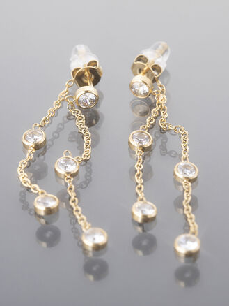 Jemné náušnice z leštěné chirurgické oceli, řetízky s drobnými krystalky, zlatá, nebo stříbrná barva