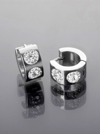 Kruhové náušnice z leštěné chirurgické oceli stříbrné barvy s kamínky, Ø 1,4 cm