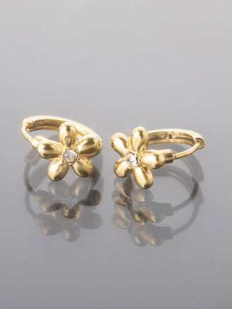 Decentní kruhové náušnice z leštěné chirurgické oceli zlaté barvy s kytičkou