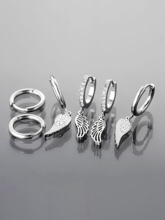 Sada náušnic z leštěné chirurgické oceli, kroužky s přívěsky andělská křídla