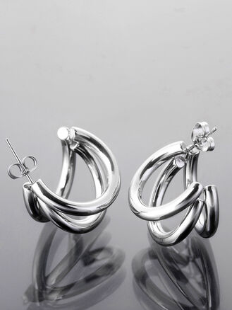 Nápadné tříproudé kruhové náušnice z leštěné chirurgické oceli, Ø cca 2,2 cm