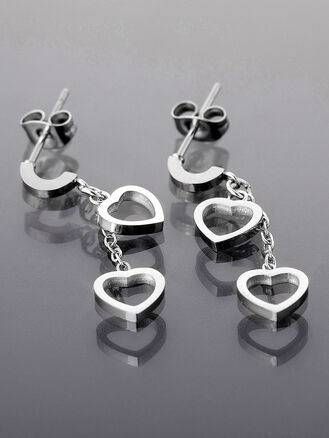 Romantické náušnice z leštěné chirurgické oceli, srdce na řetízku