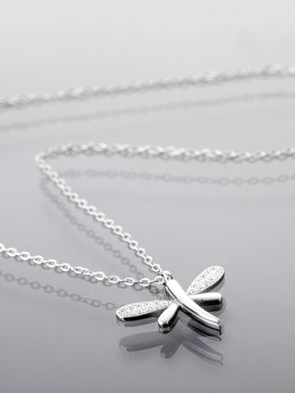 Romantický náhrdelník s vážkou a krystaly , chirurgická ocel ve zlaté a stříbrné barvě