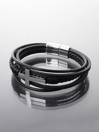 Kožený pánský náramek s obdélníkovou ozdobou z chirurgické oceli, černý