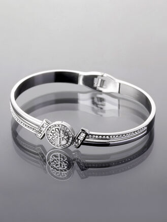 Půvabný pevný náramek z chirurgické oceli – strom života, stříbrná barva kovu s krystalky