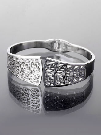 Trendy náramek z chirurgické oceli, stříbrná barva kovu, motiv lístky