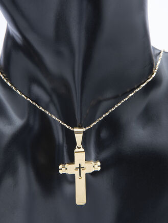 Výrazný přívěsek kříž s dalším křížem  z leštěné chirurgické oceli zlaté barvy