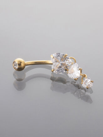 Piercing do pupíku z chirurgické oceli, zlatá a stříbrná barva kovu, srdíčka s přívěsky