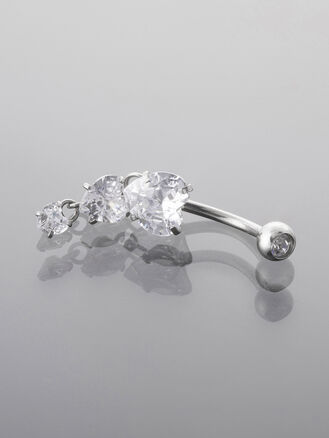 Piercing do pupíku z chirurgické oceli, zlatá a stříbrná barva kovu, srdíčka s přívěsky