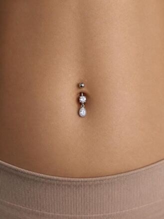 Banánek piercing do pupíku s kuličkou a srdíčkem s krystalkem, vyrobeno z chirurgické oceli