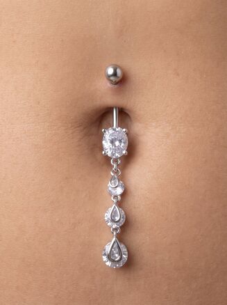 Banánek piercing do pupíku s kuličkou a přívěskem s krystalky, vyrobeno z chirurgické oceli
