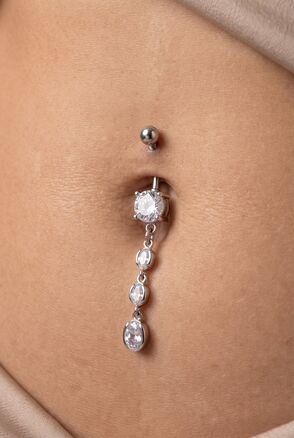 Banánek piercing do pupíku s kuličkou a přívěskem s krystalky, vyrobeno z chirurgické oceli