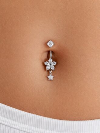 Banánek piercing do pupíku s kuličkou, květem a přívěskem s krystalky, vyroben z chirurgické oceli