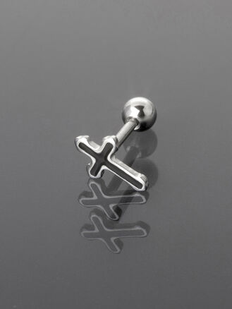 Činka piercing do ucha černý křížek, z chirurgické oceli 