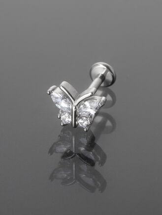 Piercing do brady, ucha nebo rtu, motýlek s krystalky, chirurgická ocel, stříbrná barva