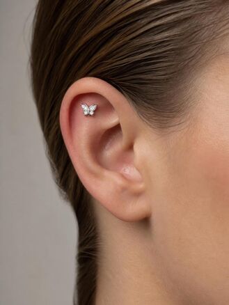 Piercing do brady, ucha nebo rtu, motýlek s krystalky, chirurgická ocel, stříbrná barva